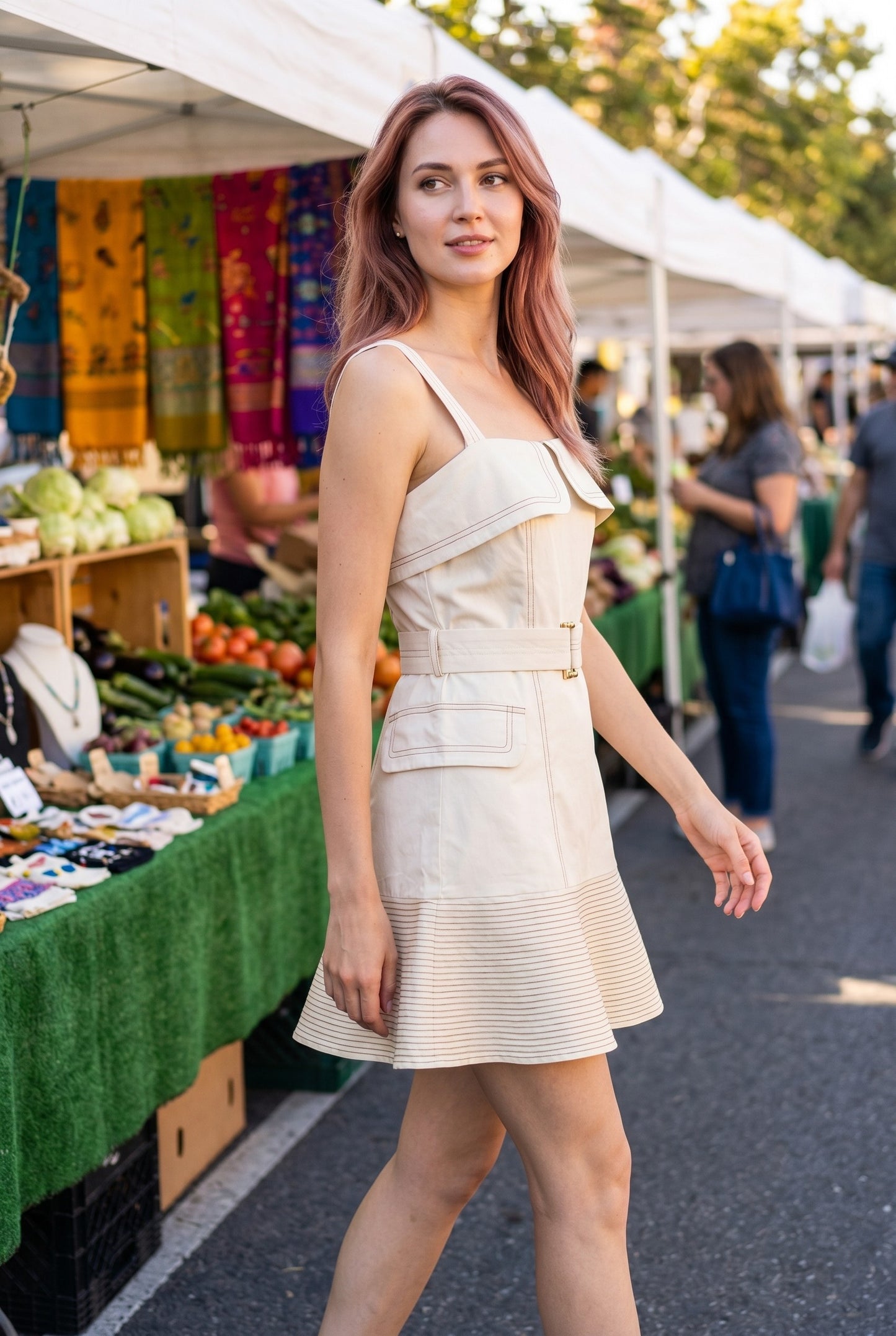 Melanie contrast stitch belted dress