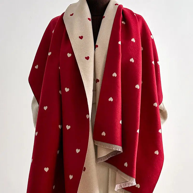 Reversible Heart Print Fringe Scarf
