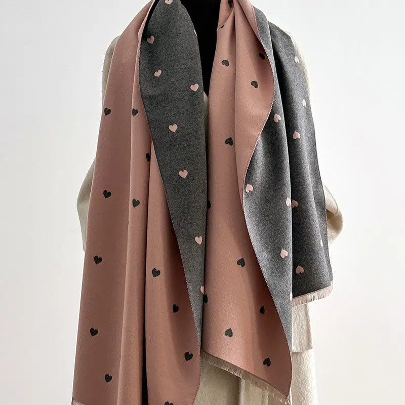 Reversible Heart Print Fringe Scarf