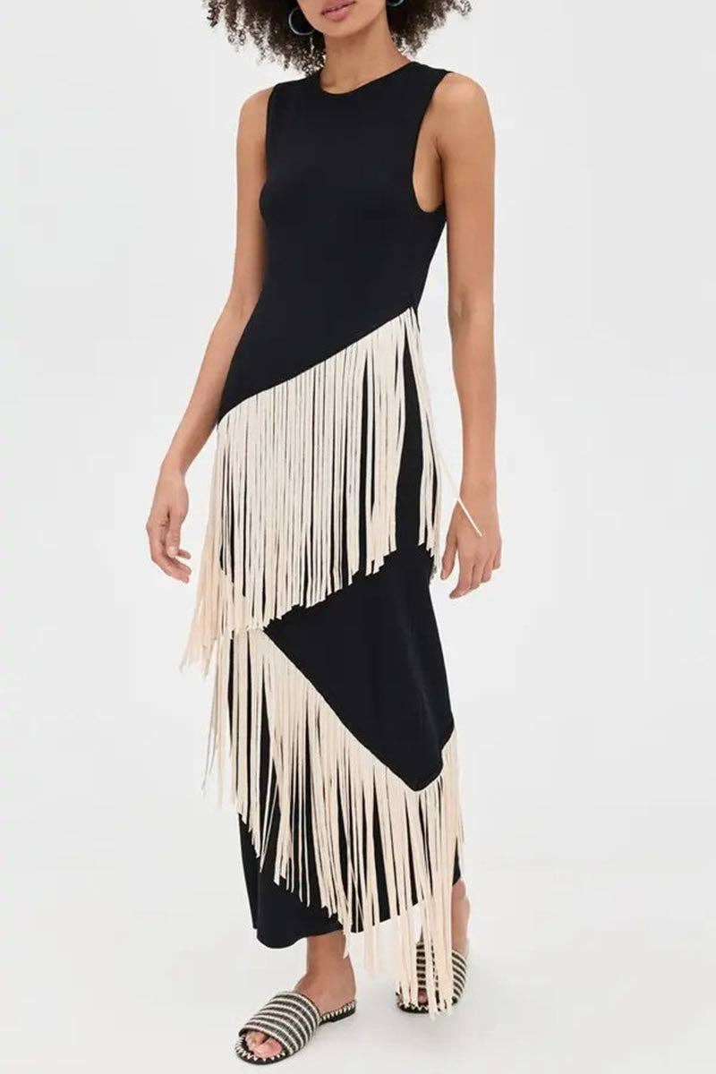 Fringe Asymmetric Sleeveless Midi Dress