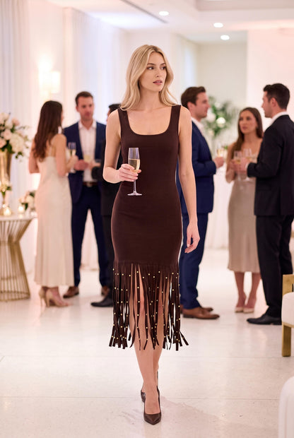 Elvie chocolate fringe dress