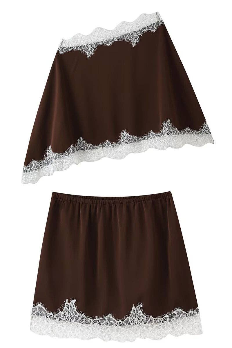 Martee Lace Trim Satin Cami & Skirt Set