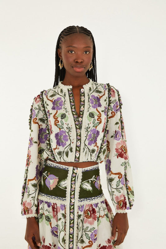 Farm Rio Rococo Flowers cream long sleeve blouse