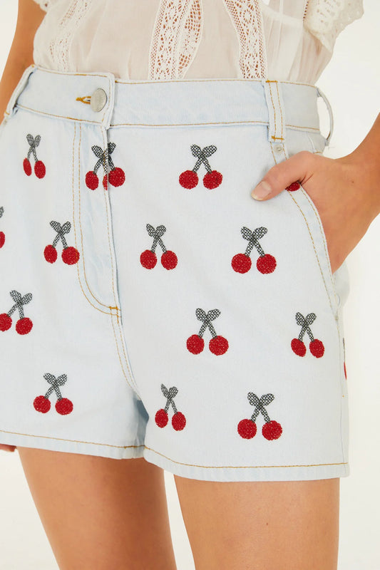 Farm Rio embroidered cherry denim shorts