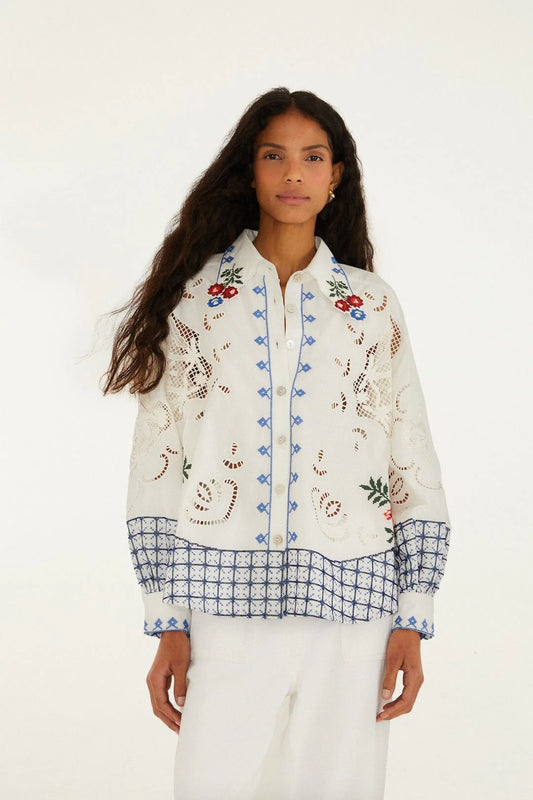 Farm Rio off-white flowers embroidery richelieu shirt