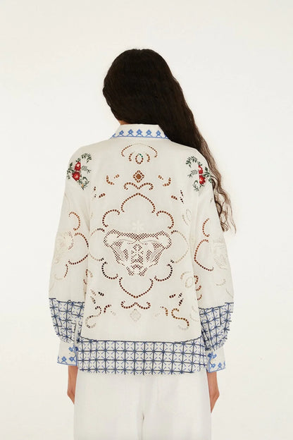 Farm Rio off-white flowers embroidery richelieu shirt