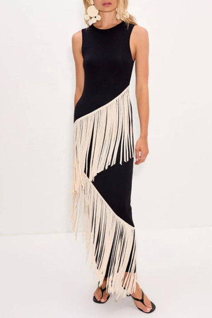 Fringe Asymmetric Sleeveless Midi Dress