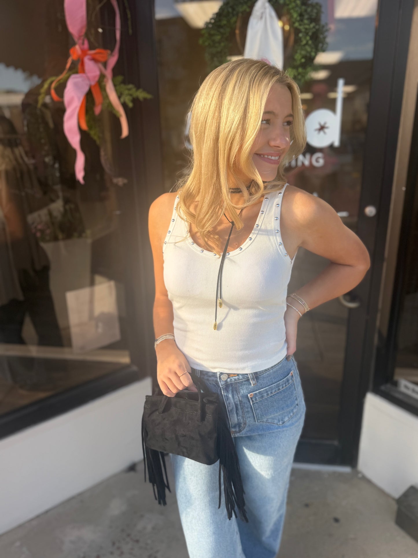 Maxine studded ribbed tank in white